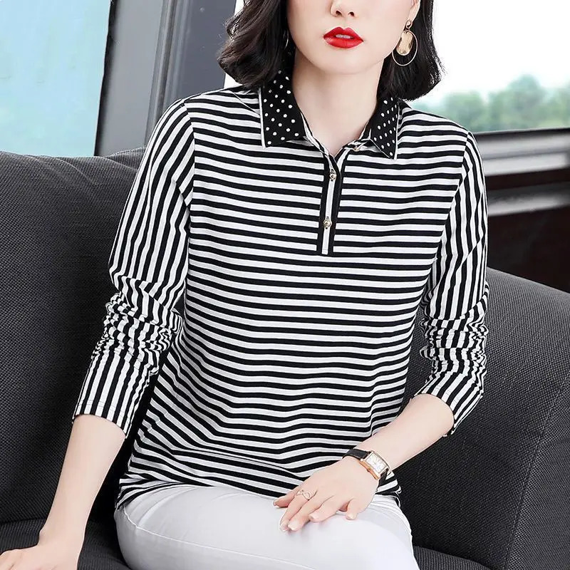 Striped Polo Shirt For Women With Polka Dot Collar Classic Office Lady Style Casual Wear Long Sleeve Top 260922