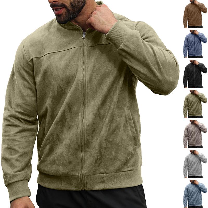 Mens Suede Look Bomber Jacket Stand Collar Full Zip Front Ribbed Cuffs Hem Side Pockets Casual Lightweight Outerwear