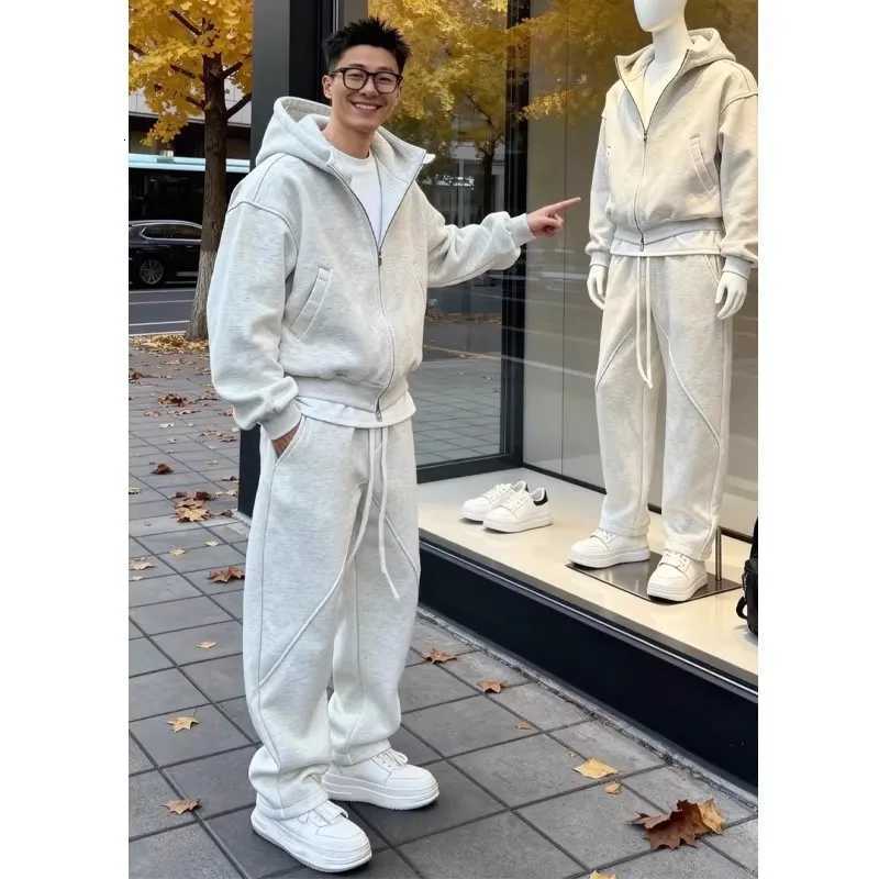 Tracksuits 2026 Spring Men's Autumn Men's Streetwear Fashion Casual Tracksuit 2 Piece Set Zip Up Hooded Sweatshirt Drawstring Pants Outfit