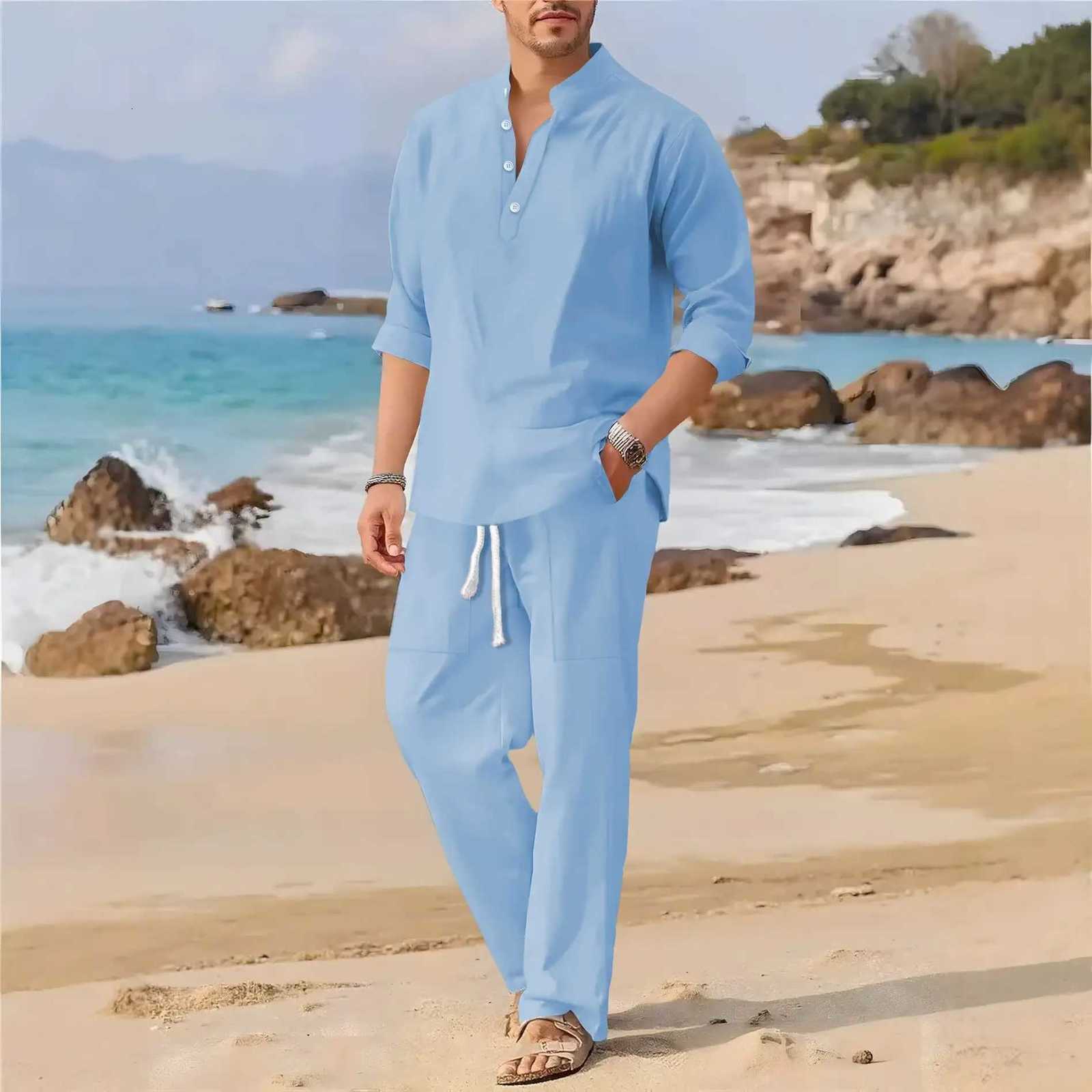 retro Men's Tracksuits Men's cotton and linen stand-up collar long-sleeved casual suit - Spring/autumn fashionable loose pure color two-pi