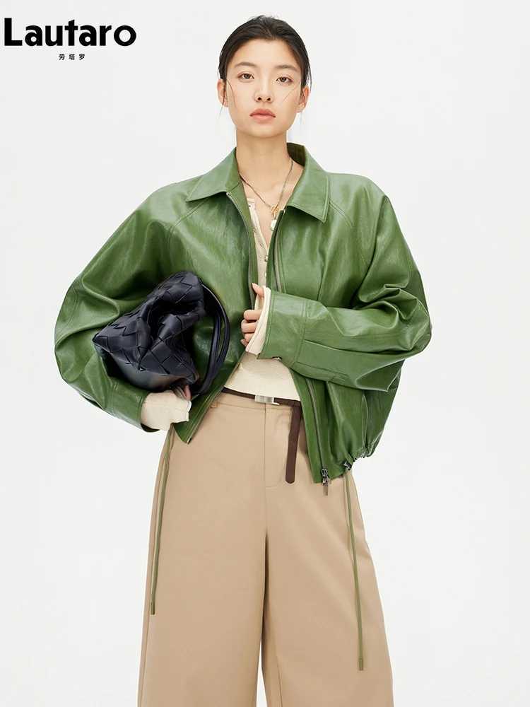 Autumn Lautaro Spring Green Short Pu Leather Jacket Women with Zipper Luxury Designer Clothes Loose Casual Korean Fashion 2026 C260921