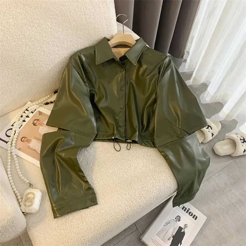 Autumn New 2024 Black Motorcycle Short Leather Jackets Women Vintage POLO Collar PU Coat Female Splice Long Sleeve Outerwears C260921