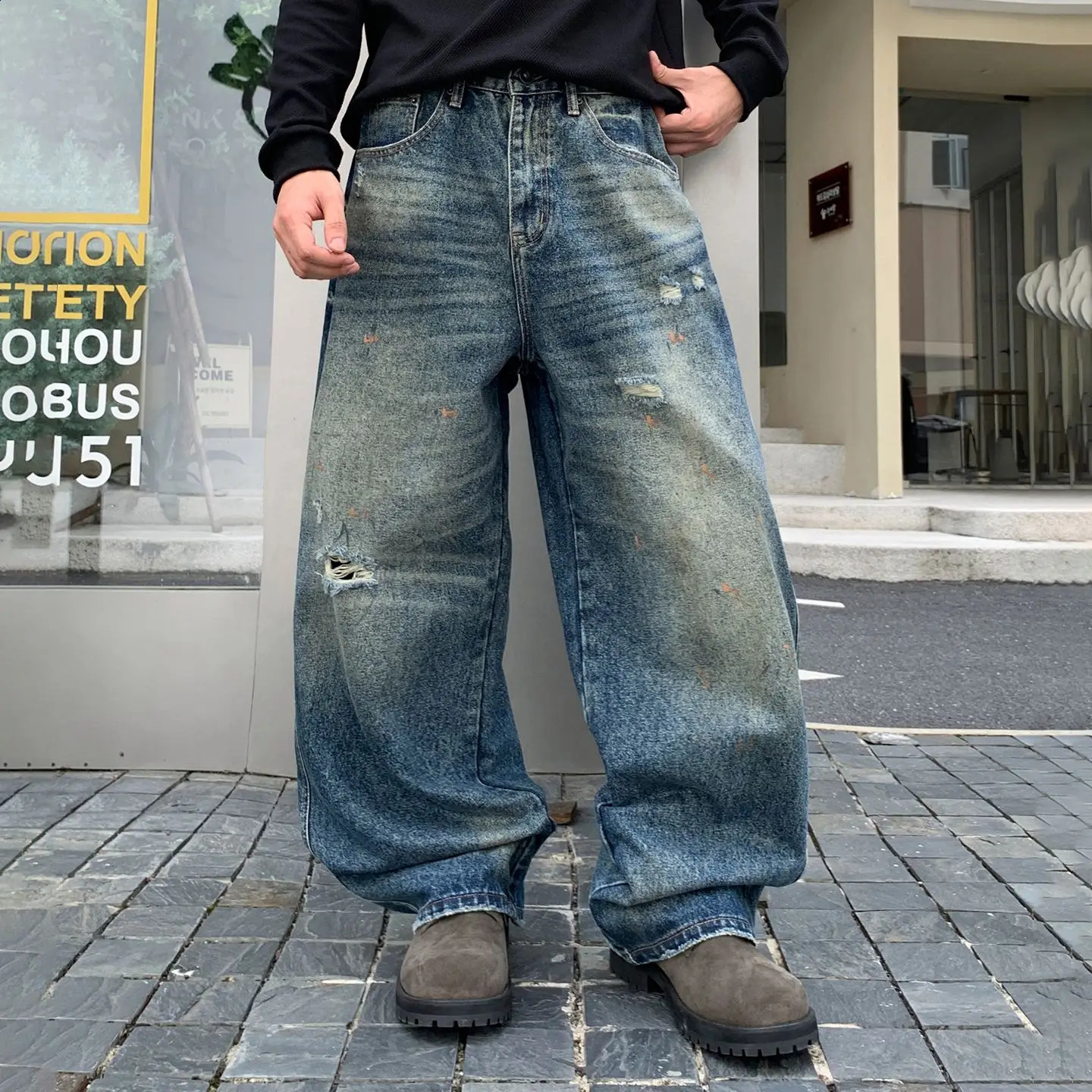 American-style streetwear oil painting splash washed vintage ripped jeans for men autumn loose straight-leg pants 260921