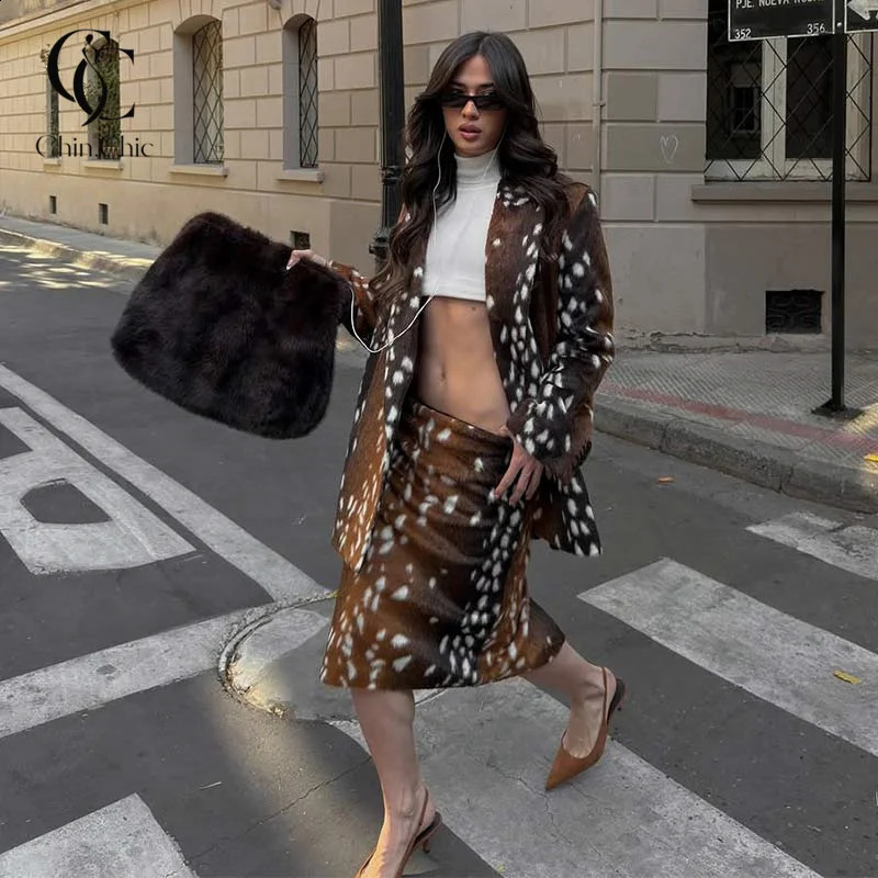 Deer Spotted Print Women 2pcs Skirt Sets Notched Lapel Oversized Blazer Midi Skirt Elegant Chic Autumn Winter Office Outfit 260921