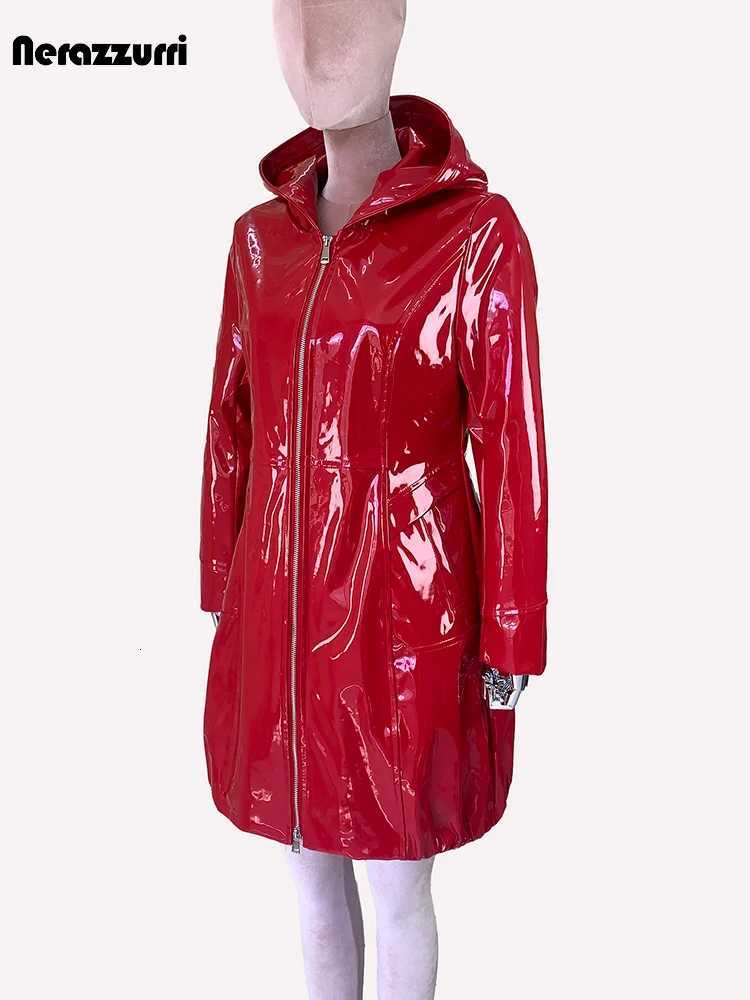 Fitted Nerazzurri Spring Waterproof Shiny Reflective Black Patent Faux Leather Jacket Women with Hood Zipper Red Autumn Clothes C260921