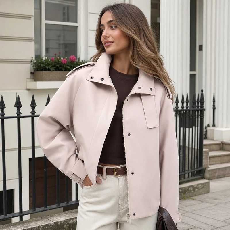 Women's Jackets Ladies Casual Short Jacket Square Buckle Design Stand Collar Epaulet Decor Zipper Snap Button Windbreaker 2026 Commuter Overcoa