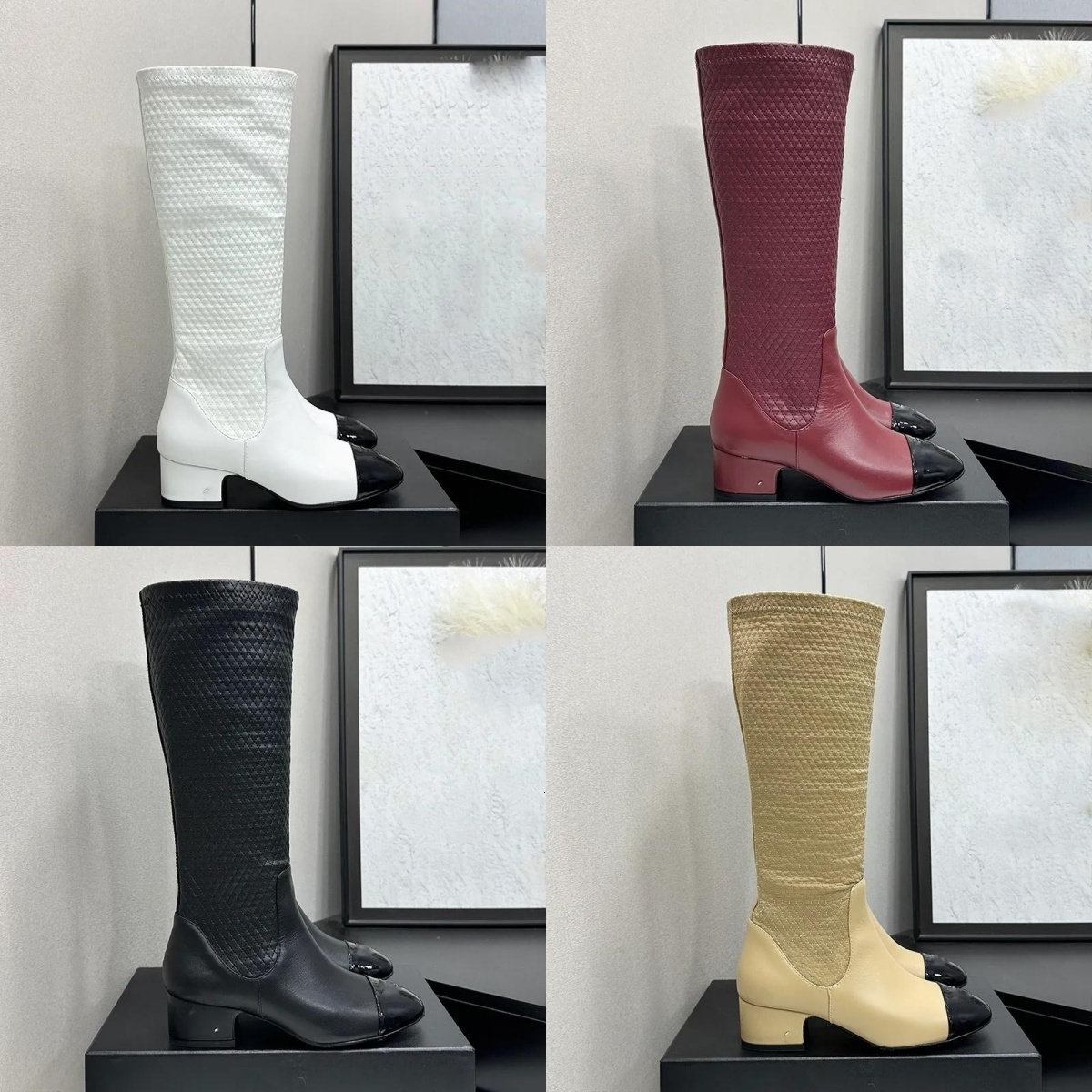 Knee High Boots Leather Women Luxury Designer Square Toe Low Block Heel Fashion Classic Winter Beige Black Elegant Quilted Dress Waterproof Casual P