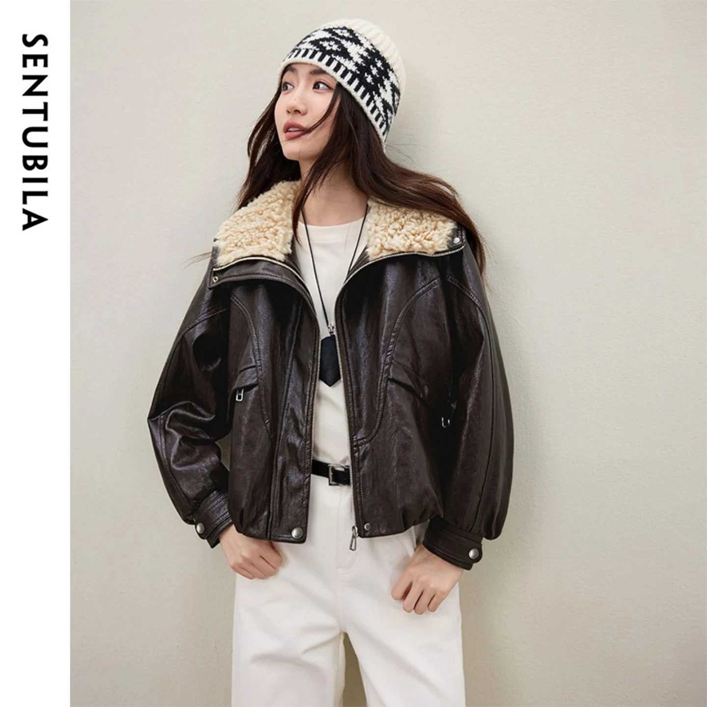 Faux SENTUBILA Women's Leather Jacket Fleece Lined Contrasting Lapel Collar PU Short Coat 2026 Winter Lady Outerwears W54PD6213 C260921