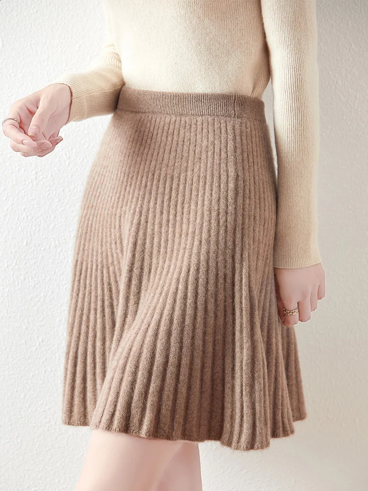 Preppy Style women's 100% Merino Wool Skirts Autumn Winter Pleated Skirt Cashmere Knitwear Short A-Line Above Knee Skirt 260921