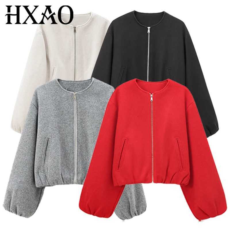 Women's Jackets HXAO Women's Cropped Loose Jackets Red Grey Off White Black Outerwear Oversized Zip Up Long Sleeve Top Chic Bomber Basebal