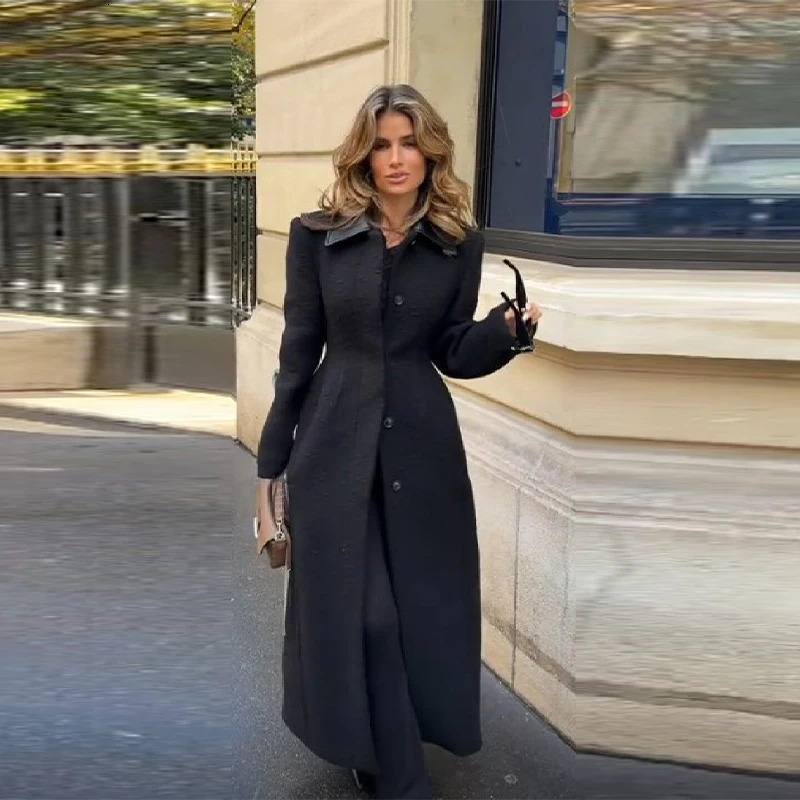 Elegant Solid Leather Patchwork Maxi Coat Women Single Breasted Waist Cinched Faux Woolen Jacket 2025 Commute Street Outwear 260922