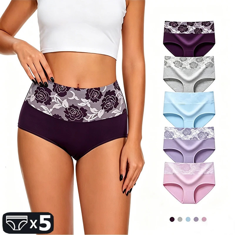 5Pcs High Rise Panties Women Cotton Underwear Plus Size Briefs Abdominal Print Floral Underpant Shapers Sexy Lingerie for Female 260922
