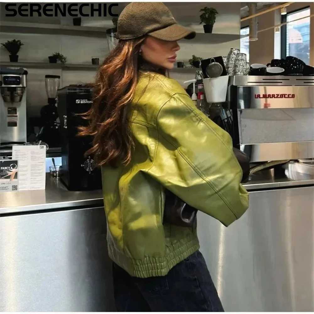 Faux Women's Leather Leather SERENECHIC New Styles Fashion European and American Autumn-winter Korean-style Green Leather Jacket Loose PU Leath