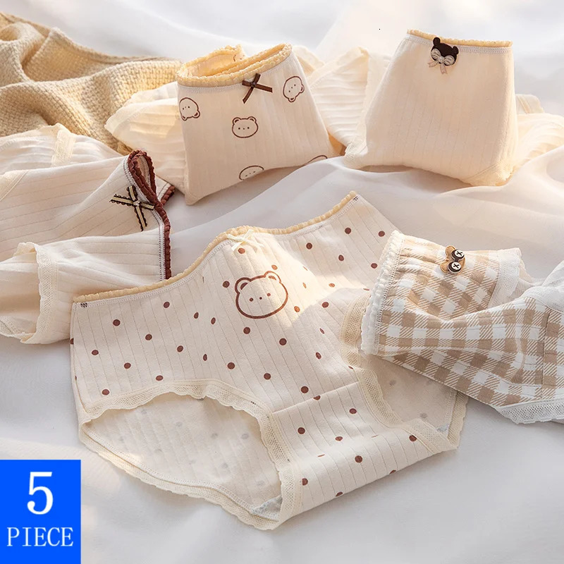 5Pcs/Set Cartoon Cute Bear Cotton Women Panties Breathable Underwear Girls Briefs Mid Waist Soft Female Intimates Sexy Lingerie 260922
