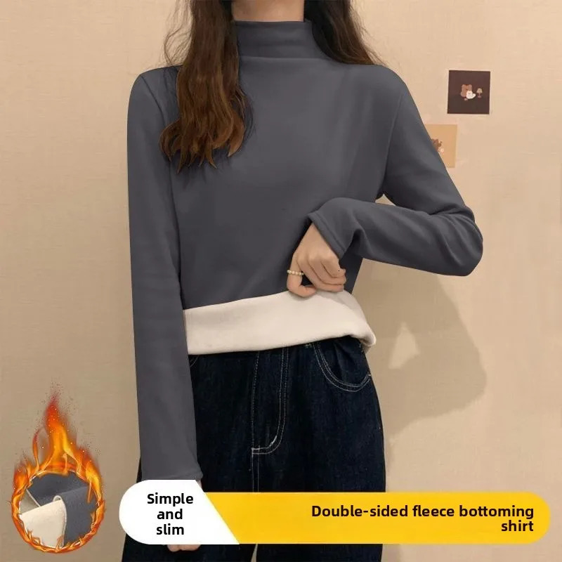 Women Autumn Winter Thermal Underwear Half High Collar Bottom Shirt Solid Plus Size Long Sleeve T-Shirt Heating Pullovers 260921
