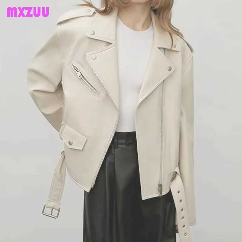 Jackets Real Leather Woman Autumn Sheepskin Lapel Epaulettes Belt Zipper Loose Profile Moto Biker Coat Sobretudo Feminino C260921