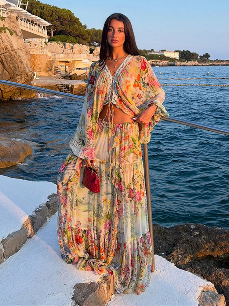 Fashion Floral Print Womens Set V Neck Tie Long Sleeve Elastic Waist Tiered Skirt Loose Chic 2026 Summer Beach Party Wear 260921