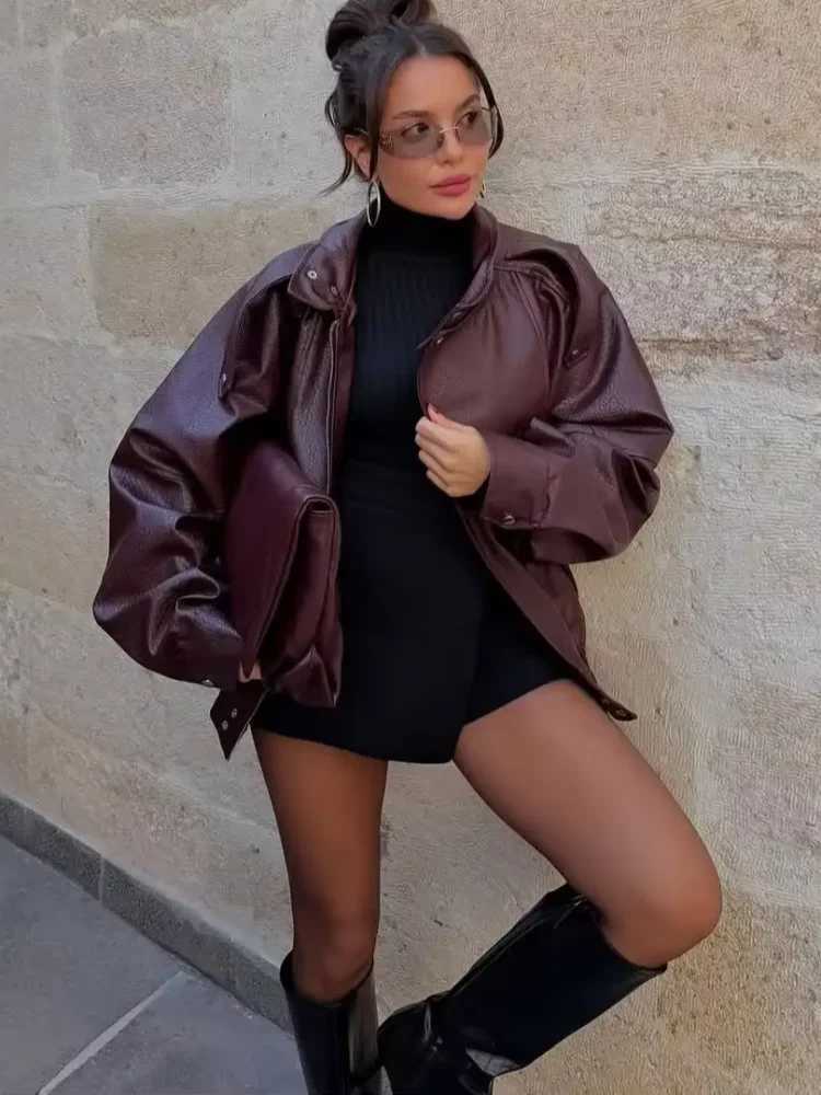 Collar Retro Stand Leather Jacket Women Solid Long Sleeve Lapel Zipper Short Loose Jackets 2026 New Lady Spring Autumn Outwears C260921