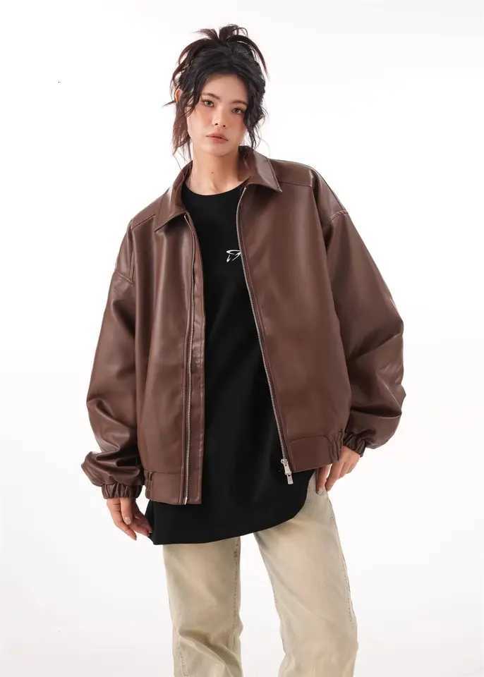 PU Leather Faux Rider Jacket For Women 2024 Vintage Long Sleeve Lapel Zipper Puffy Coats Autumn Fashion Female Street Outerwear C260921