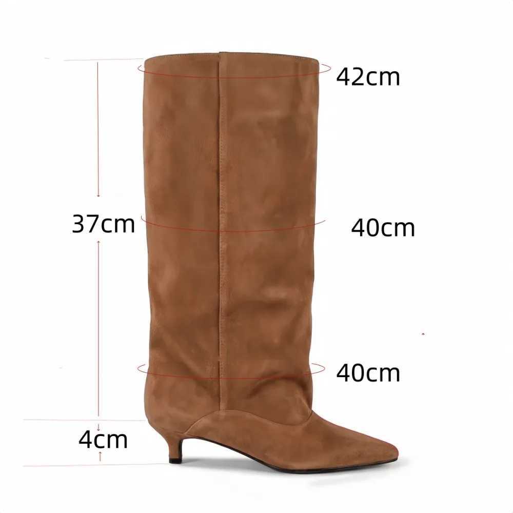 Designer Brown Suede Kitten Boots Heel Mid Calf Tall Boots Pointed Toe Slip on Elegant Casual Women Shoes for Autumn Winter Outing J260922