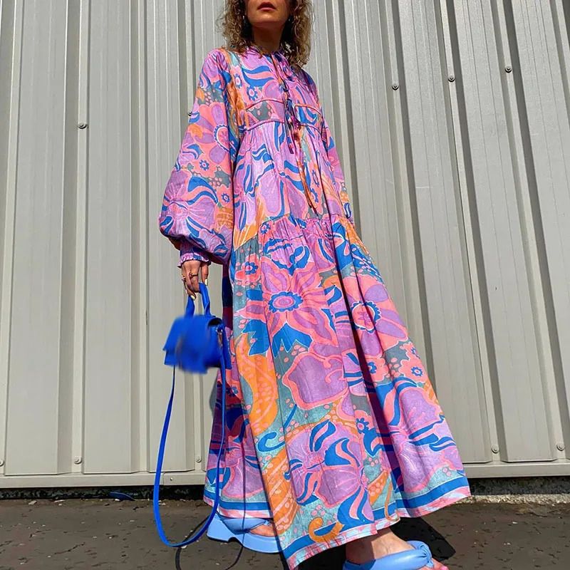 Women Boho Floral Print LaceUp Maxi Dress Casual Vintage Lantern Sleeve Loose ALine Dress Autumn Fashion Holiday Pleated Dress 260922
