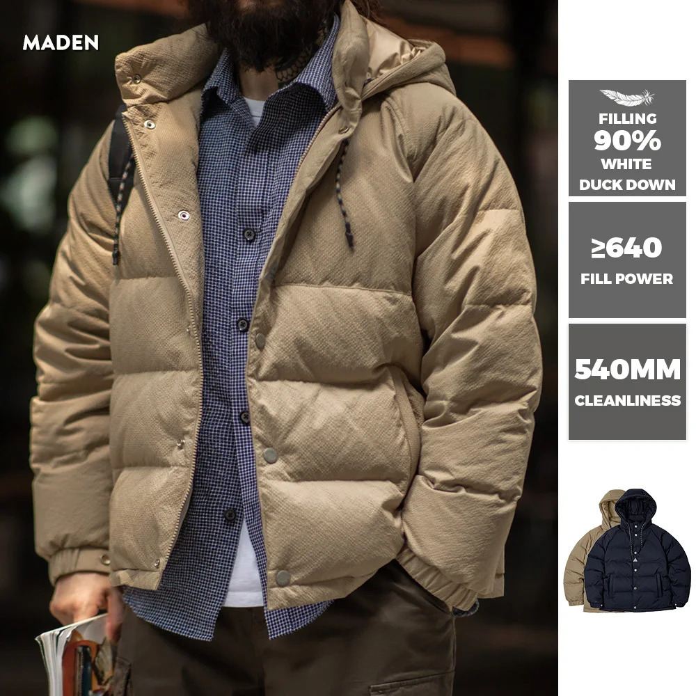 Maden Men's Winter Wide Quilting Seam Thickened Down Jacket White Duck Down Navy Blue Hooded Jacket High Density Fabric Warm Top 260921