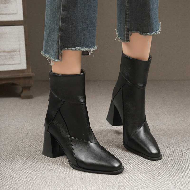 Designer Spring and Autumn Boots Women's Plus Size Solid Color Square Heel Elegant Thick Heel Booties 2026 New Rear Zipper Design Bare Boots J2