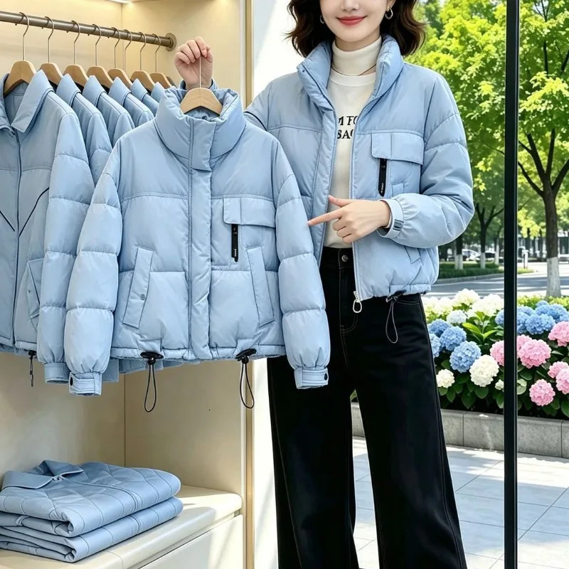 2026 Fashion Blue Down Cottonpadded Jacket Womens Autumn Winter Standup Collar Short Parkas Warm Coat Student Loose Outerwear 260922