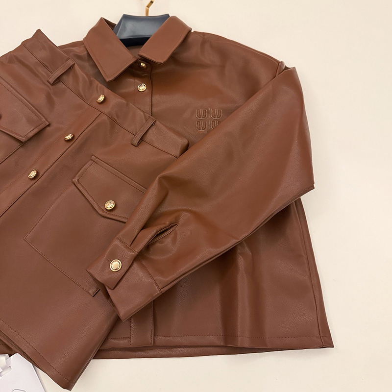 Women Crop Leather Jacket Slim Fit Skirt Outfit For Women Designer Embroidered Shirt Jacket Mini Skirt Set Maillard Style Versatile Short Skirt Sets