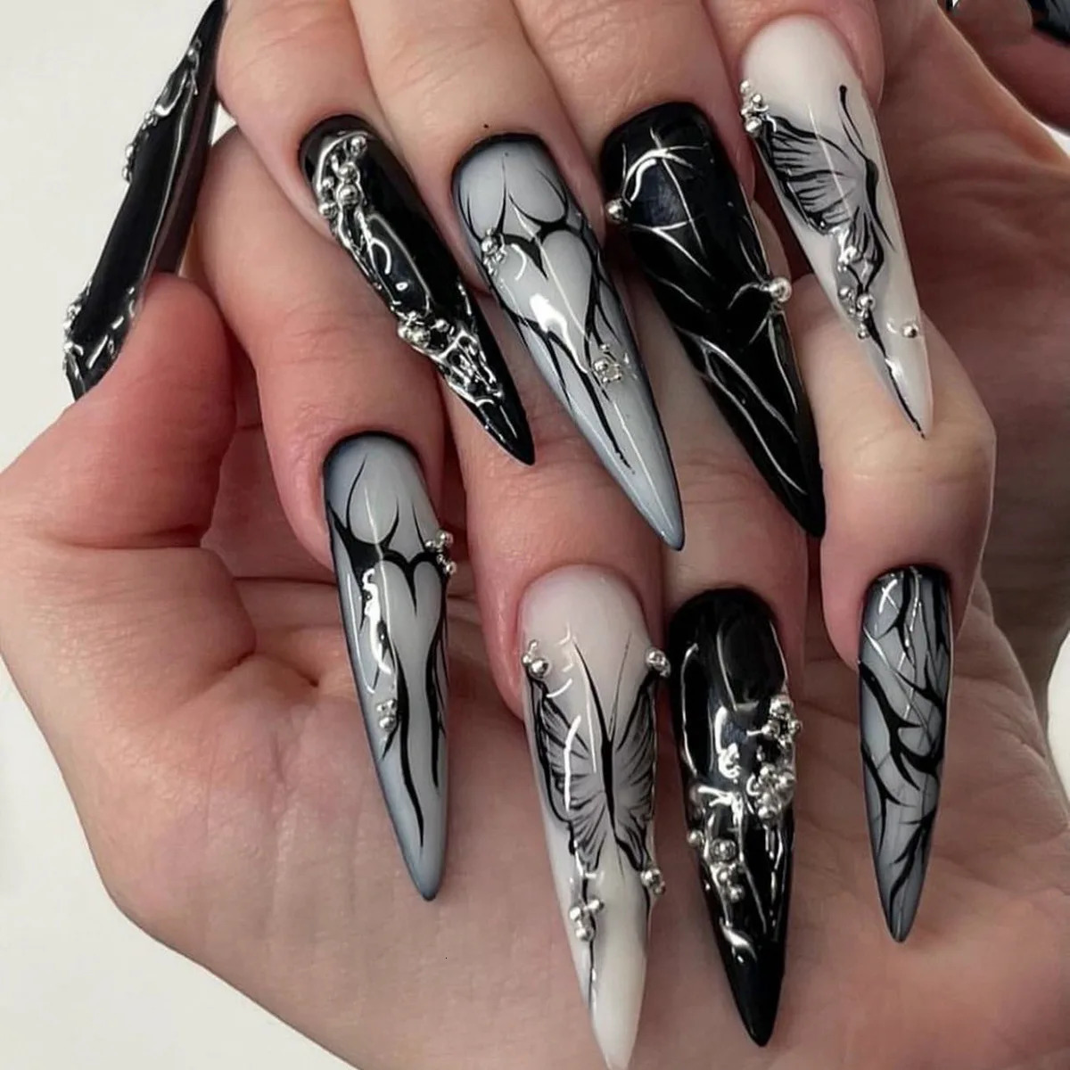 24Pcs Black Y2k Fake Nails with Diamond Halloween Long Almond False Nail Butterfly Wearable Oval Press on Nails Tips 260922
