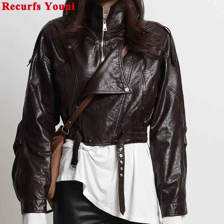 Biker Korean Streets Jacket for Women Oil Wax Sheepskin Leather Short Motorcycle Coat Folded Sleeve Large Laple Chaqueta Mujer C260921