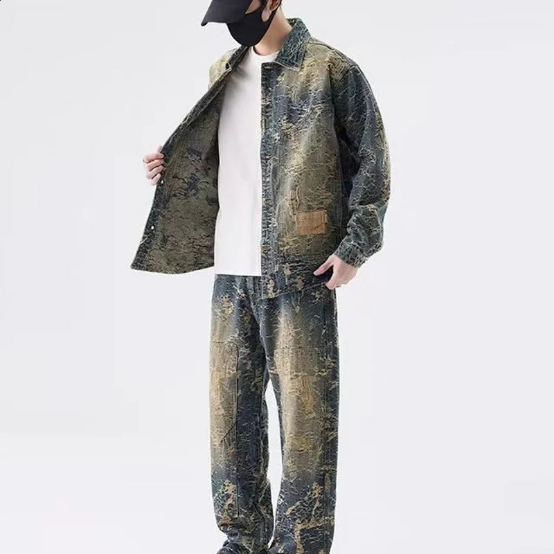 2025 Jacquard Denim Set Men's Spring American Retro Cargo Loose Fashion Jacket Jeans Two-Piece Suit 260921