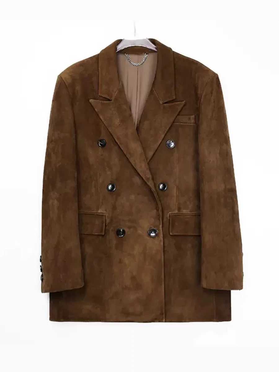 Kid Luxury High-end Suede Leather Jacket for Women Winter Pockets Slimming Coat Filled With Mulberry Silk Deep Coffee Warm Veste C260921