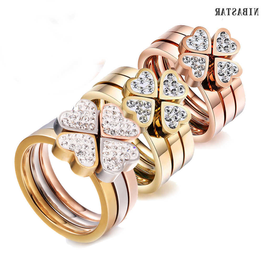 Gorgeous Band Rings Three Ring Set For Women High Quality Stainless Steel three colors Crystal Clover Ring With crystalsT260922