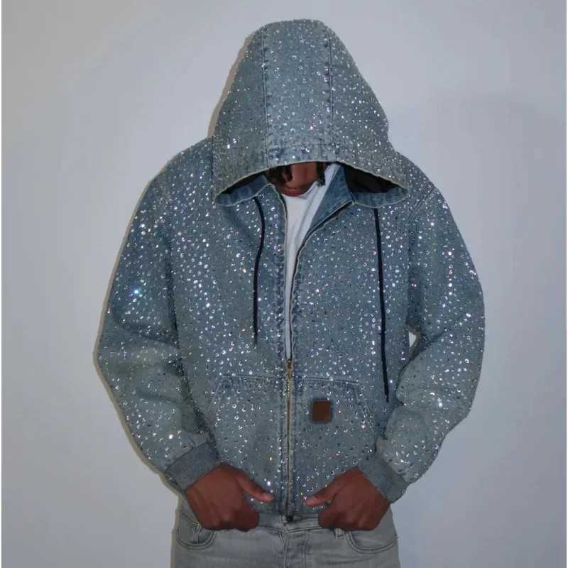 Men's Hoodies Sweatshirts 2026 New Y2k Streetwear Rhinestone Decorated Denim Hooded Jacket Men European American Fashion High Street Men's