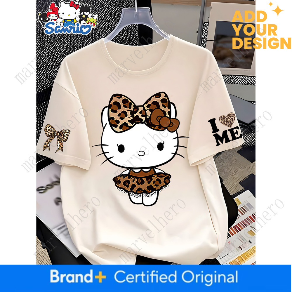 Border New Women S Short Sleeve T-shirt Hellokitty Leopard Print Bow Design Loose Round Neck Casual Top Spring Summer Autumn Daily Comfortable Fashi