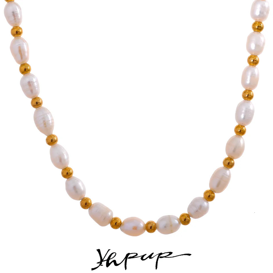 Yhpup Natural Freshwater Pearls Stainless Steel Beads Waterproof Gold Color Necklace Women Fashion Handmade Jewelry y Gift 260921