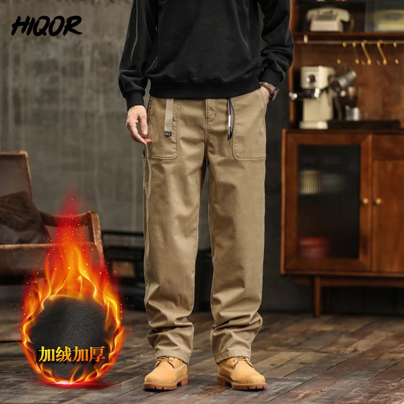Pantalones cargo gruesos y cálidos de lana de invierno para hombre, pantalones rectos de pierna ancha informales para exteriores, pantalones sueltos