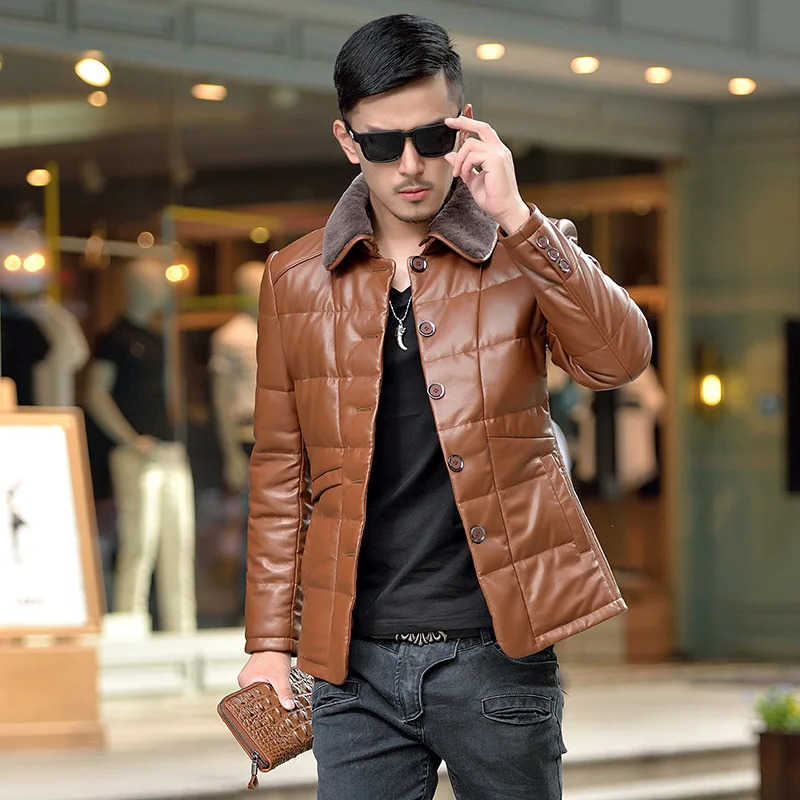 Lapel Men's Down Parkas Winter Fur Collar Leather Jacket Down Jacket Men Slim Fit Korean Down Coat Male Warm Duck Down Puffer Jacket Man 2024 N