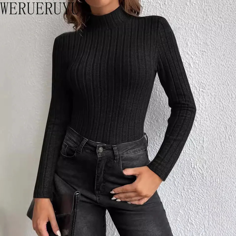 Knitted T-shirt Long Sleeve Top Women Aesthetic Clothing Autumn Winter Solid Color Turtleneck Tight T-shirts for Women 260921