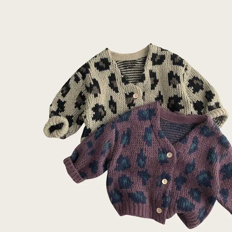 1-6Y Girls Leopard Print Pullover Knitted Cardigan Loose Fit Toddler Kids Baby Boys Clothes Soft Yarn Spring Autumn Casual Sweater Jacket C260921