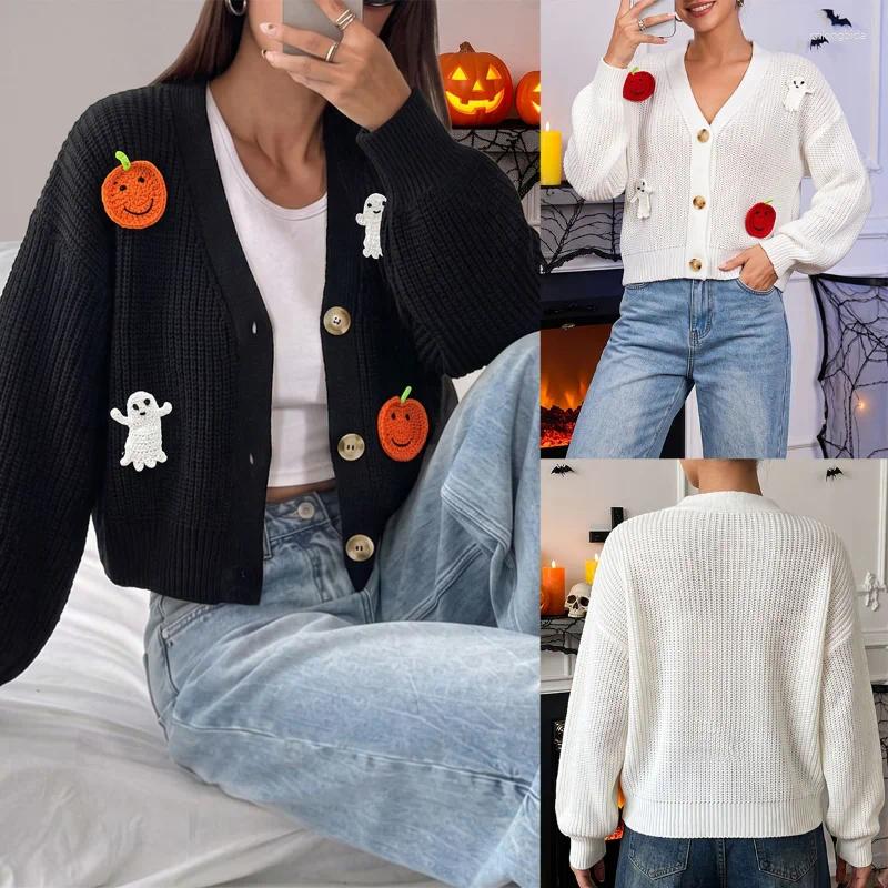 Halloween Sweater Autumn And Winter Women's Hand Hook Pumpkin Decoration Knitted Cardigan Short Casual Coat