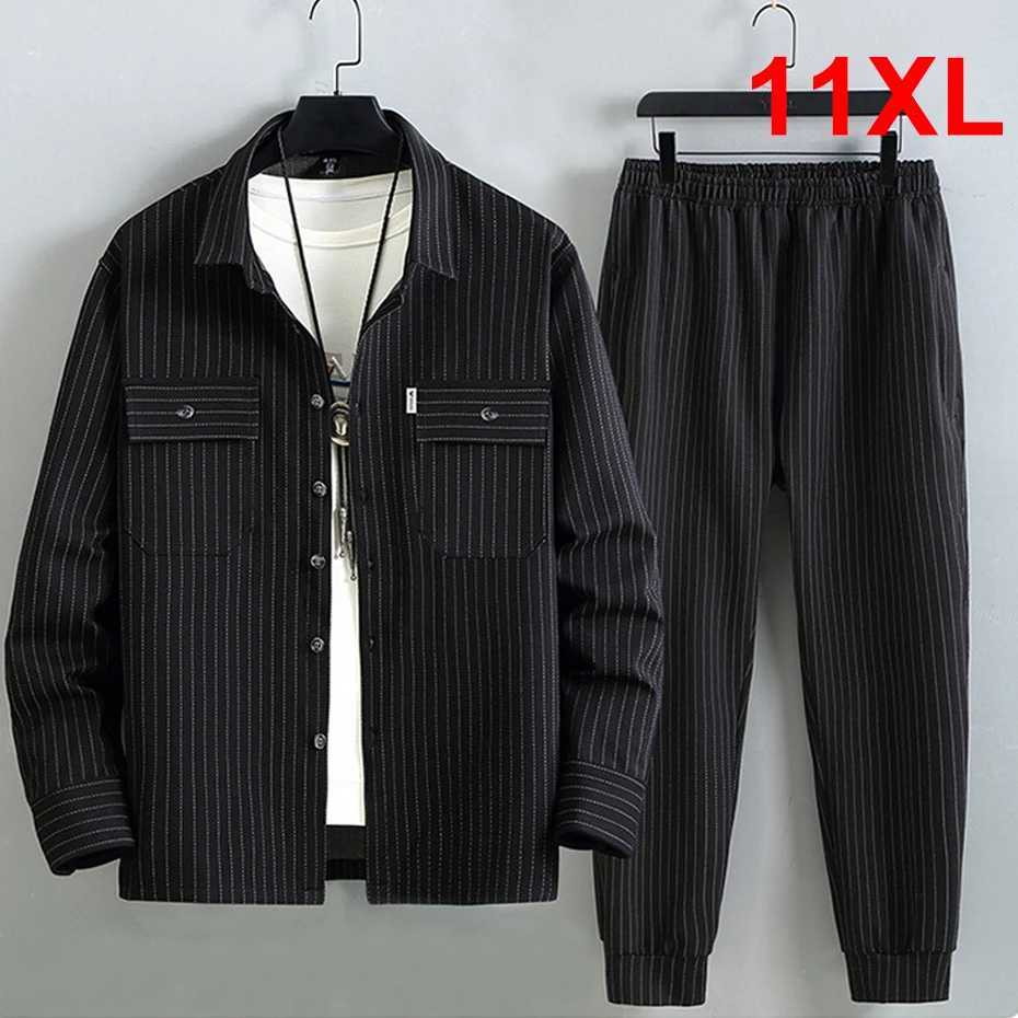 Tracksuits Men's Stripe Men's Sets Plus Size 10XL 11XL Cargo Shirts Pants Male Autumn Winter Thick Suits Fashion Casual Jacket Sets Big Si