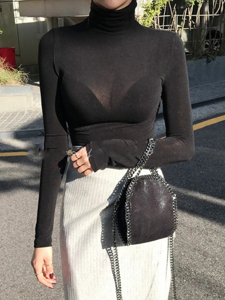 Turtleneck Slim High Quality Plain T Shirt Women Cotton Elastic Basic Female Tops Long Sleeve Sexy Thin T-shirt see through 2026 260921