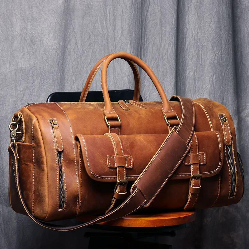 MUNUKI Vintage Crazy Horse Genuine Leather Travel Bag Large Luggage Bag Men Leather Duffle Large Weekend Bag Tote Big M107 260922