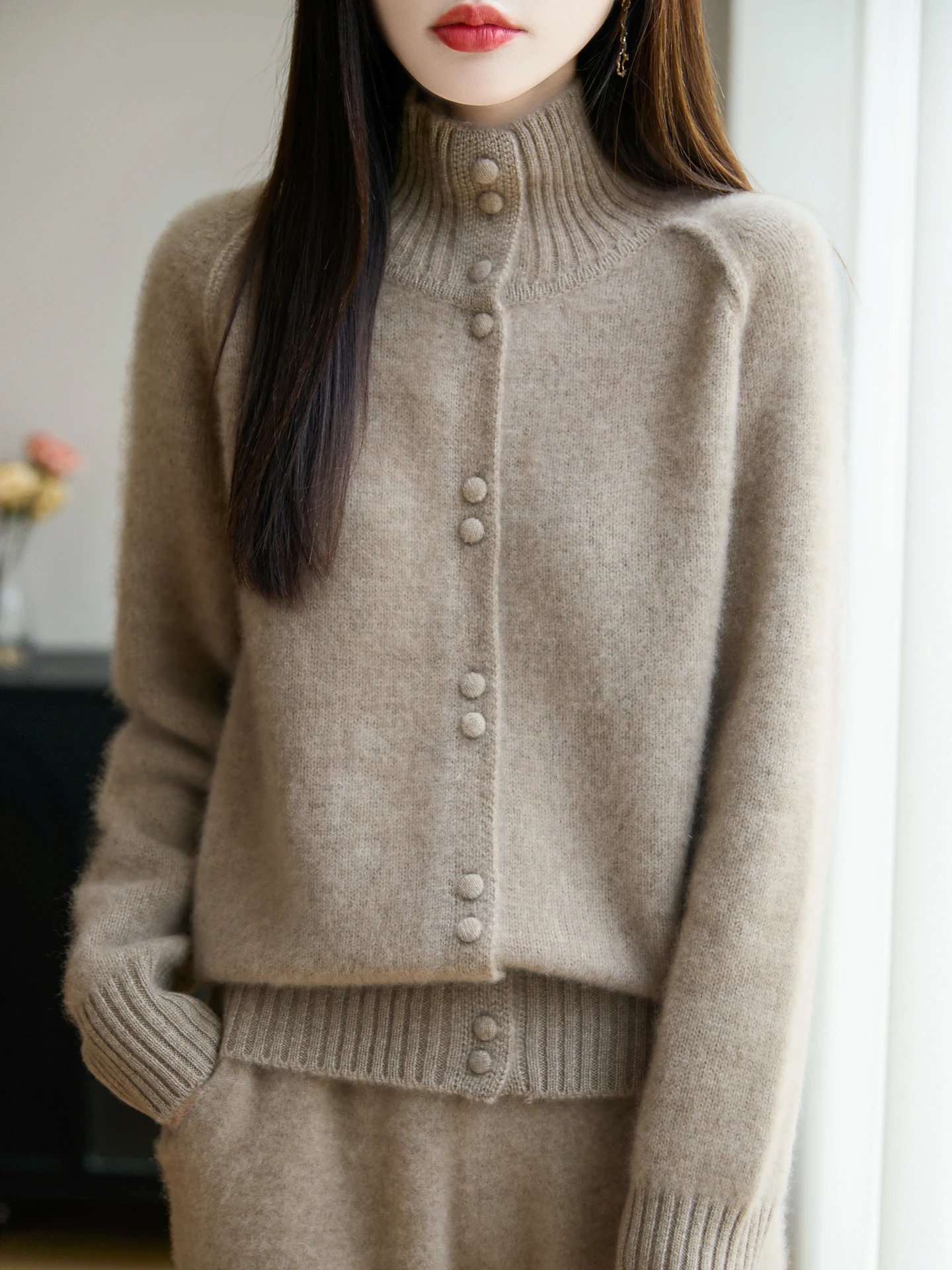 Merino 100% Wool Womens Button Up Cardigan Stand Up Collar Casual Fashion Autumn Winter Thick Cashmere Knitted Sweater 260922