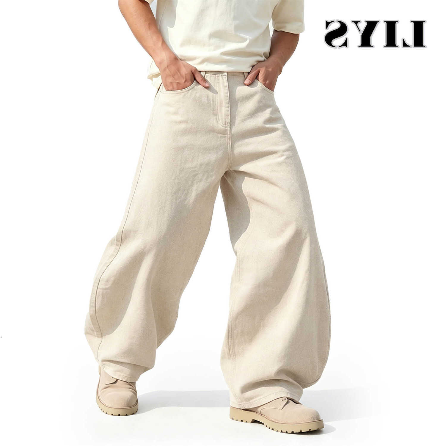 Jeans LIYS Men's Men's American Beige Loose Wide Leg Jeans High Waisted Streetwear Hip-Hop Fashion Loose Denim Pants Y2K Retro Casual Pant