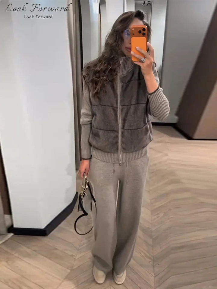 Casual Faux Fur Patchwork Coat Trouser Sets Women Loose Full Sleeve Zipper Short Jacket Drawstring Pant 2026 Ladies Outwear 260921