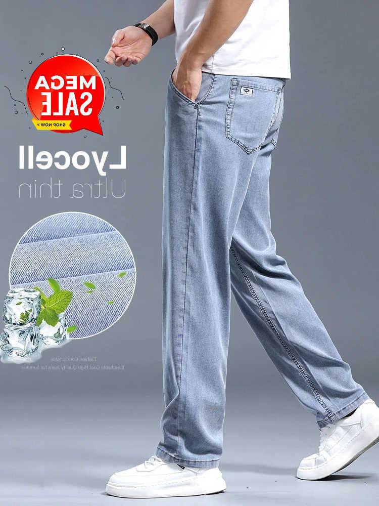 Summer Men's Jeans Ultra-thin Men's Jeans Lyocell Soft Breathable Loose Straight Light Blue Denim Pants Business Casual Ice Silk Trousers