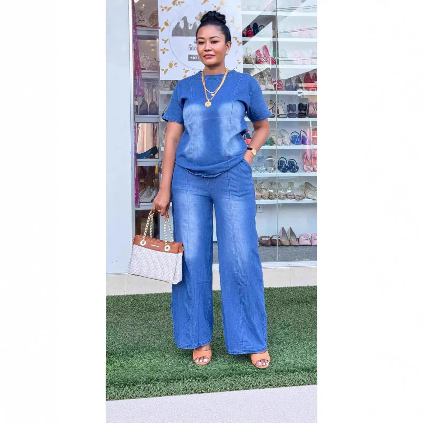 Women Pant Set Two Piece Sets Denim Round Neck Short Sleeve Tops Casual Loose Wide Leg Long Pants High Waist Y2k Streetwear 260921